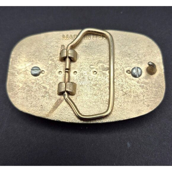 Gold Tone Black Enamel Belt Buckle Leopard Skin Jasper Stone Made In USA 2 X 3" - Picture 4 of 5